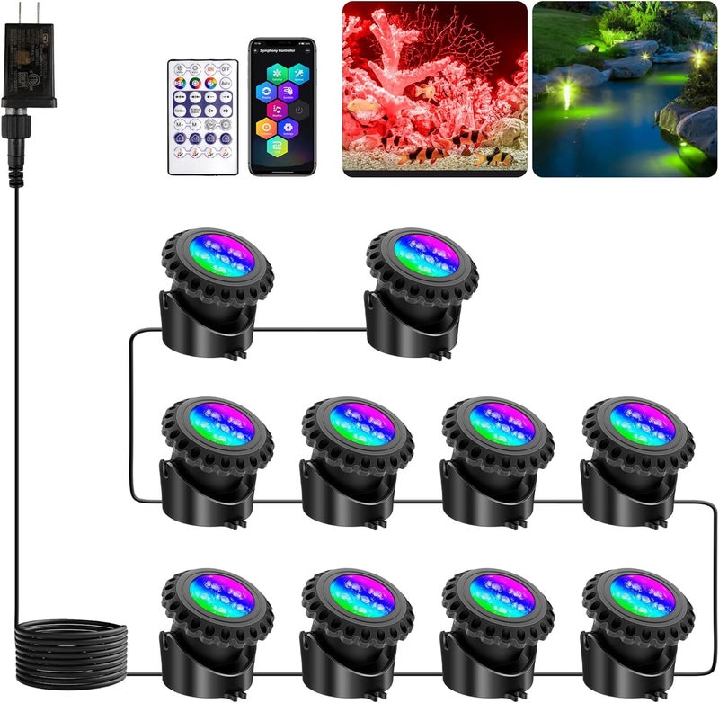 T-SUN Underwater LED Pond Lights – IP68 Waterproof Submersible Fountain Lights with Bluetooth App & Remote, 16 Million Colors Underwater Lighting for Koi Ponds/Garden Water Features Aquarium (10-Pack) - Image 1